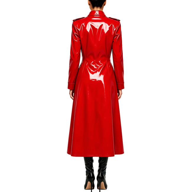 High Street Glossy Wet Look PVC Maxi Coats Womens Stand Collar Long Sleeve Button Down Long Trench Coat Gothic Cosplay Clubwear