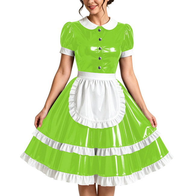 Plus Size PVC French Maid Prom Dress Wetlook Party Cosplay Short Sleeve Ruffle Frill Apron Maid Uniform Halloween Role Play Sets