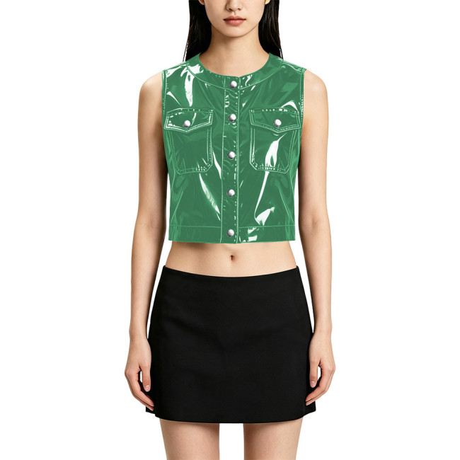Punk Casual Round Neck Pocket PVC Shiny Vest Fashionable Glossy Sleeveless Cropped Jacket for Women Wetlook Short Waistcoat Tops