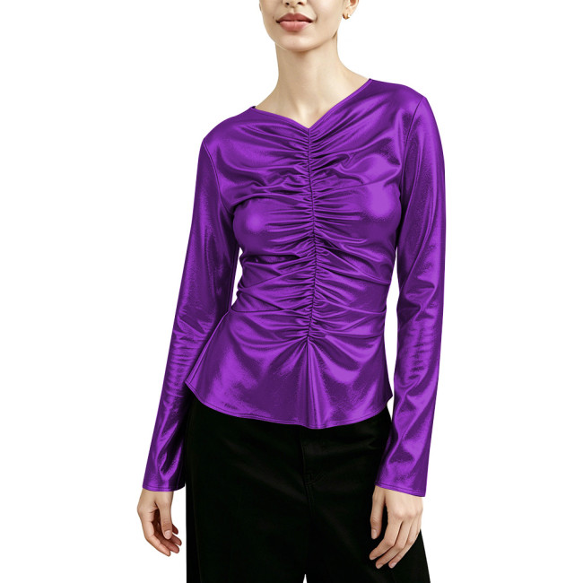 Fashion Metallic Shiny V-neck Pleated Long Sleeve T-shirt Women Slim Casual Solid Color Shirt Blouse Ladies Nightclub Folded Top