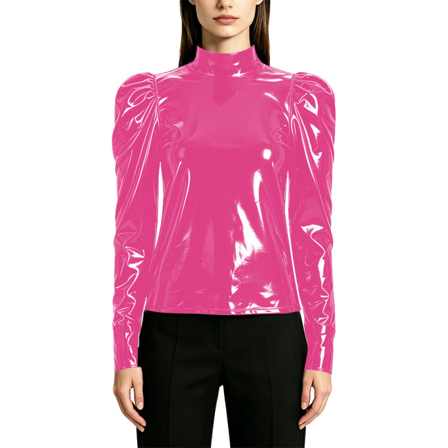Women's Fashion Shiny PVC High Neck T-shirts Lockable Female Blouse Wet Look Faux Leather Puff Long Sleeve Tops Elegant Clubwear