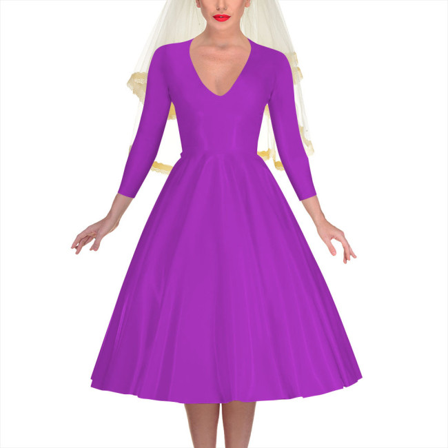 Shiny PVC Leather A-line Pleated Umbrella Midi Dress Elegant Women Banquet Venue Ball Gown V-neck Long Sleeve Back Zip Dress