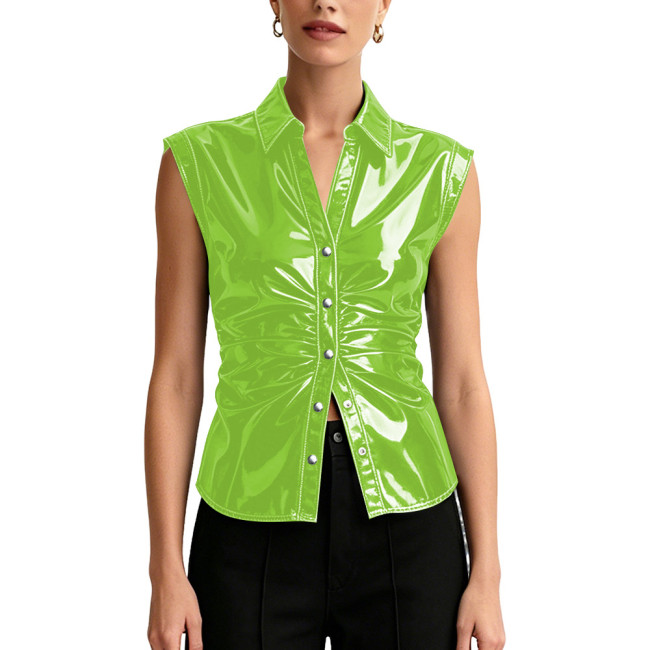 Women's Glossy Patent Leather Button Front Shirt with Ruched PVC Shiny Lapel Collar Sleeveless Female Blouse Stylish Tank Tops