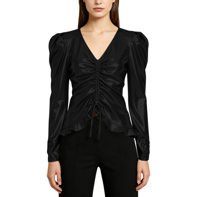 Shiny Metallic V-Neck Long Sleeve T-Shirt Womens Pure Color Drawstring Ruffle Hem Women's Top Raves Party Music Casual Costume