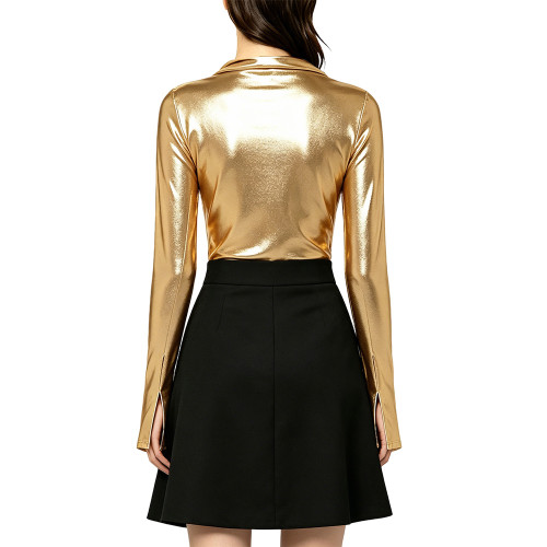 Elegant Shine Women's Long Sleeved Blouse Casual Office Ladies Solid Simple Swing Collar Shirt Liquid Metallic Women's Tops