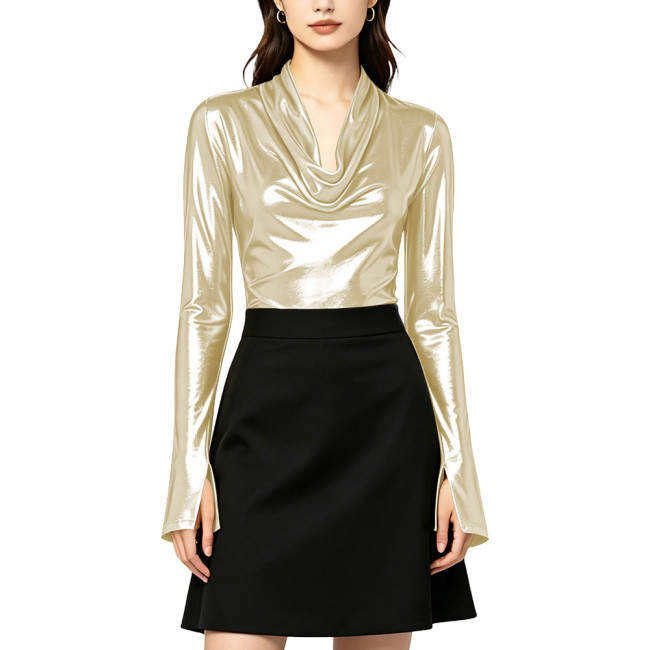 Elegant Shine Women's Long Sleeved Blouse Casual Office Ladies Solid Simple Swing Collar Shirt Liquid Metallic Women's Tops