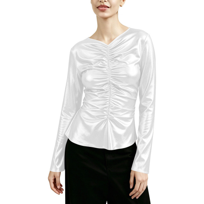 Fashion Metallic Shiny V-neck Pleated Long Sleeve T-shirt Women Slim Casual Solid Color Shirt Blouse Ladies Nightclub Folded Top