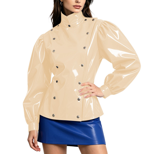 Street PVC Glossy Leather Double Breasted Jackets Women's Stand Collar Puff Long Sleeves Vinyl Coats Female Chic Solid Clubwear