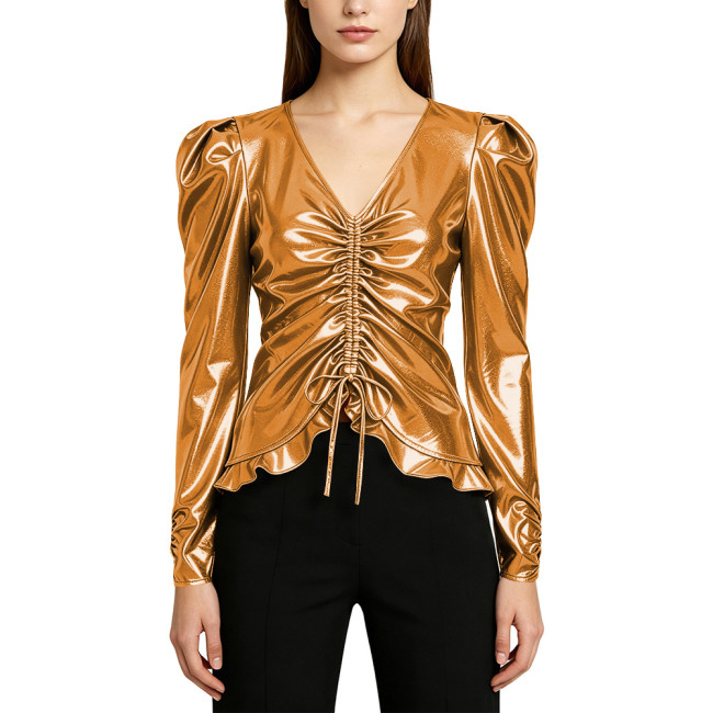 Shiny Metallic V-Neck Long Sleeve T-Shirt Womens Pure Color Drawstring Ruffle Hem Women's Top Raves Party Music Casual Costume