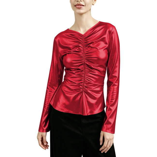 Fashion Metallic Shiny V-neck Pleated Long Sleeve T-shirt Women Slim Casual Solid Color Shirt Blouse Ladies Nightclub Folded Top