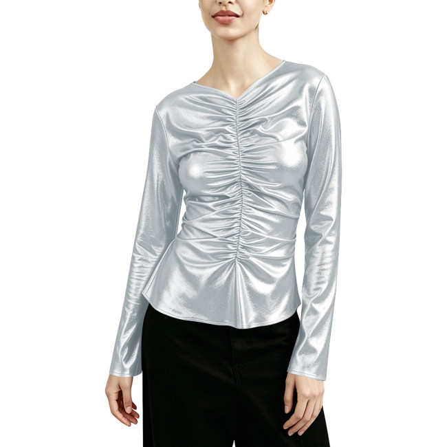 Fashion Metallic Shiny V-neck Pleated Long Sleeve T-shirt Women Slim Casual Solid Color Shirt Blouse Ladies Nightclub Folded Top
