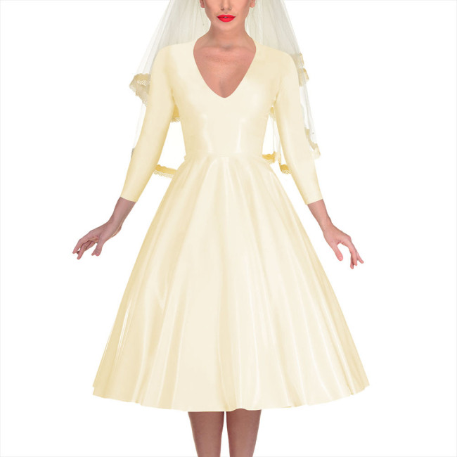 Shiny PVC Leather A-line Pleated Umbrella Midi Dress Elegant Women Banquet Venue Ball Gown V-neck Long Sleeve Back Zip Dress
