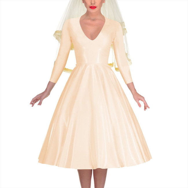 Shiny PVC Leather A-line Pleated Umbrella Midi Dress Elegant Women Banquet Venue Ball Gown V-neck Long Sleeve Back Zip Dress