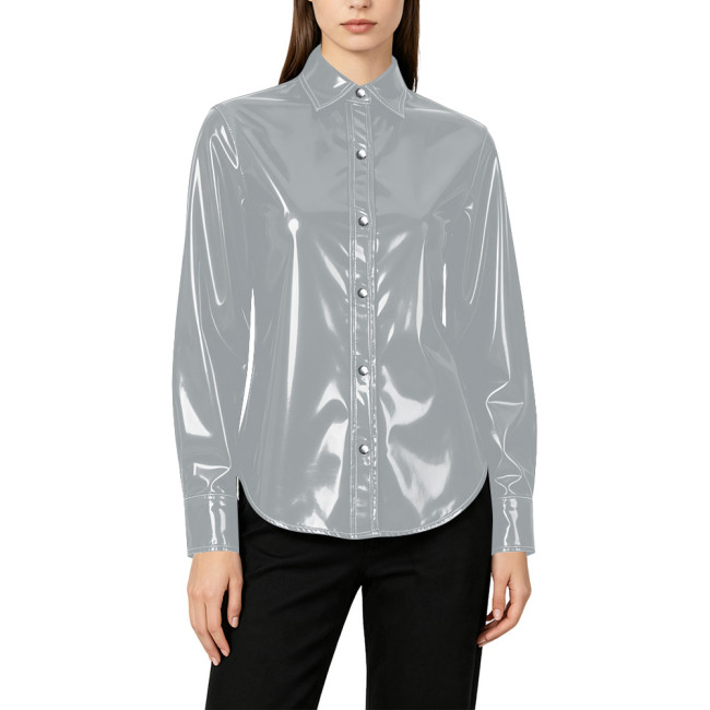 Plus Size Elegant Womens PVC Shiny Leather Shirts Office Ladies Casual Single-breasted Blouses Wetlook Club Formal Dress Tops