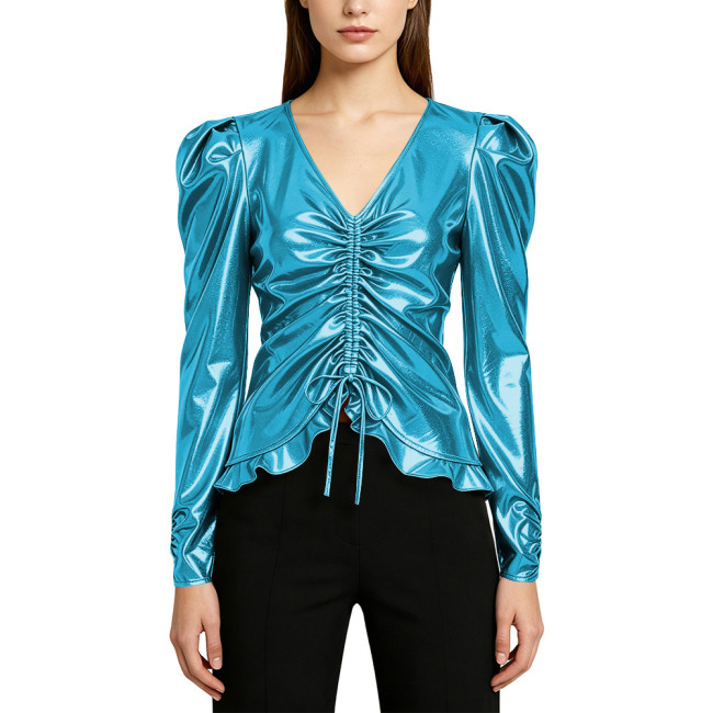 Shiny Metallic V-Neck Long Sleeve T-Shirt Womens Pure Color Drawstring Ruffle Hem Women's Top Raves Party Music Casual Costume