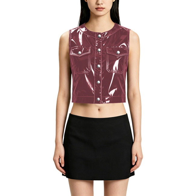 Punk Casual Round Neck Pocket PVC Shiny Vest Fashionable Glossy Sleeveless Cropped Jacket for Women Wetlook Short Waistcoat Tops