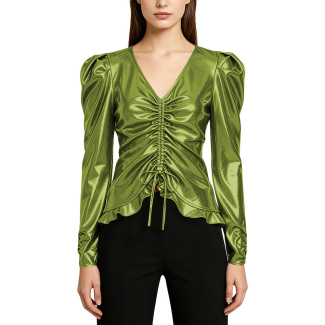 Shiny Metallic V-Neck Long Sleeve T-Shirt Womens Pure Color Drawstring Ruffle Hem Women's Top Raves Party Music Casual Costume