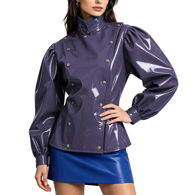 Street PVC Glossy Leather Double Breasted Jackets Women's Stand Collar Puff Long Sleeves Vinyl Coats Female Chic Solid Clubwear