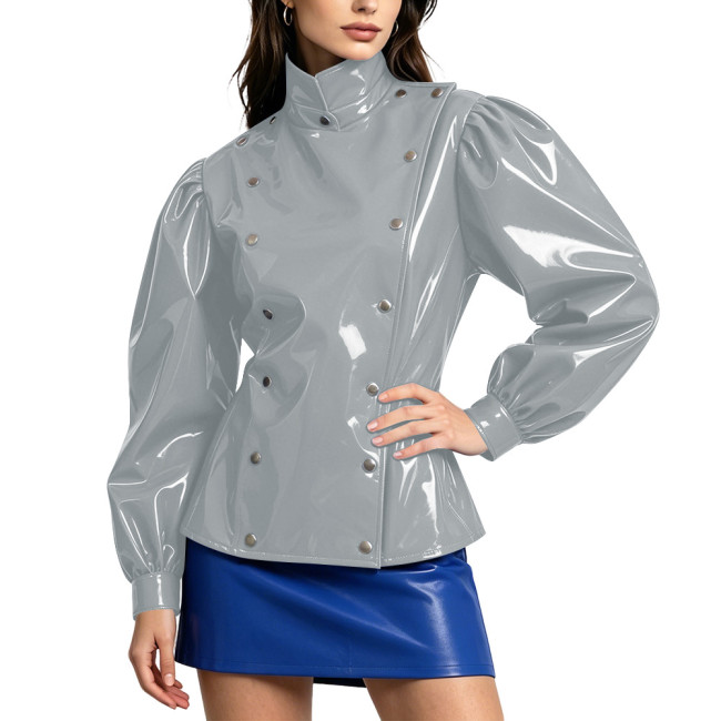 Street PVC Glossy Leather Double Breasted Jackets Women's Stand Collar Puff Long Sleeves Vinyl Coats Female Chic Solid Clubwear