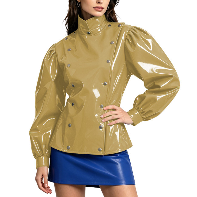 Street PVC Glossy Leather Double Breasted Jackets Women's Stand Collar Puff Long Sleeves Vinyl Coats Female Chic Solid Clubwear