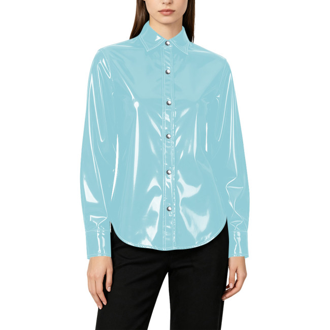 Plus Size Elegant Womens PVC Shiny Leather Shirts Office Ladies Casual Single-breasted Blouses Wetlook Club Formal Dress Tops