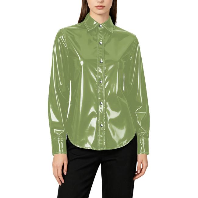 Plus Size Elegant Womens PVC Shiny Leather Shirts Office Ladies Casual Single-breasted Blouses Wetlook Club Formal Dress Tops