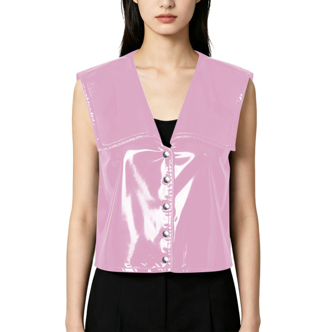 Punk Women's Shiny Patent Leather Vest Large Sailor Collar Button Front Cropped Tanks Fashion Style Unique Club Slim Sexy Tops