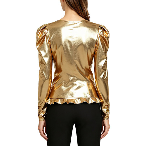 Shiny Metallic V-Neck Long Sleeve T-Shirt Womens Pure Color Drawstring Ruffle Hem Women's Top Raves Party Music Casual Costume