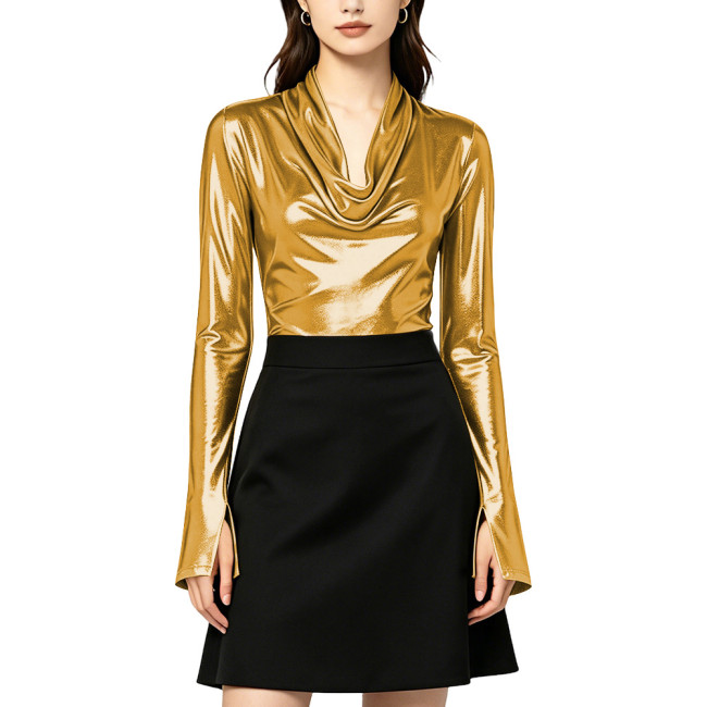 Elegant Shine Women's Long Sleeved Blouse Casual Office Ladies Solid Simple Swing Collar Shirt Liquid Metallic Women's Tops