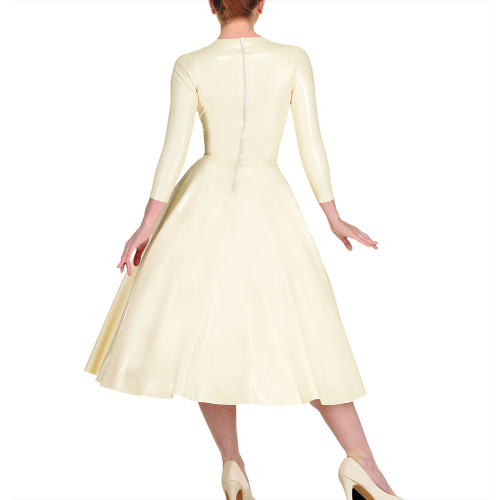 Shiny PVC Leather A-line Pleated Umbrella Midi Dress Elegant Women Banquet Venue Ball Gown V-neck Long Sleeve Back Zip Dress