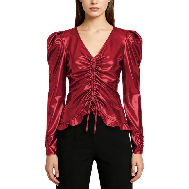 Shiny Metallic V-Neck Long Sleeve T-Shirt Womens Pure Color Drawstring Ruffle Hem Women's Top Raves Party Music Casual Costume