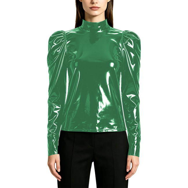 Women's Fashion Shiny PVC High Neck T-shirts Lockable Female Blouse Wet Look Faux Leather Puff Long Sleeve Tops Elegant Clubwear
