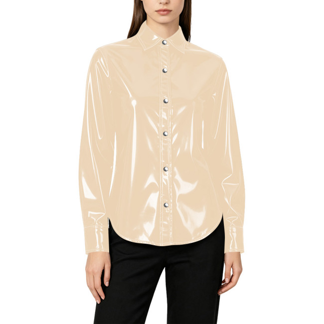 Plus Size Elegant Womens PVC Shiny Leather Shirts Office Ladies Casual Single-breasted Blouses Wetlook Club Formal Dress Tops