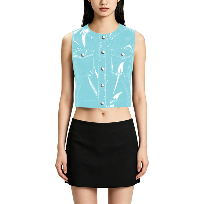 Punk Casual Round Neck Pocket PVC Shiny Vest Fashionable Glossy Sleeveless Cropped Jacket for Women Wetlook Short Waistcoat Tops