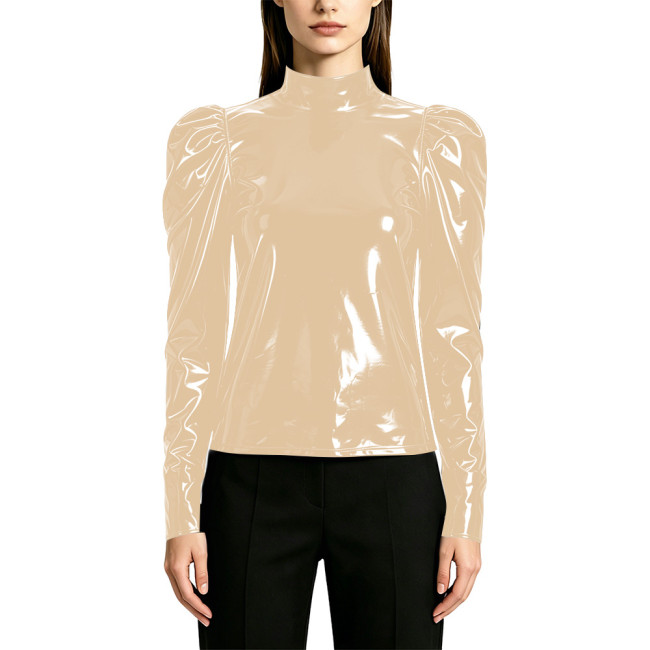 Women's Fashion Shiny PVC High Neck T-shirts Lockable Female Blouse Wet Look Faux Leather Puff Long Sleeve Tops Elegant Clubwear