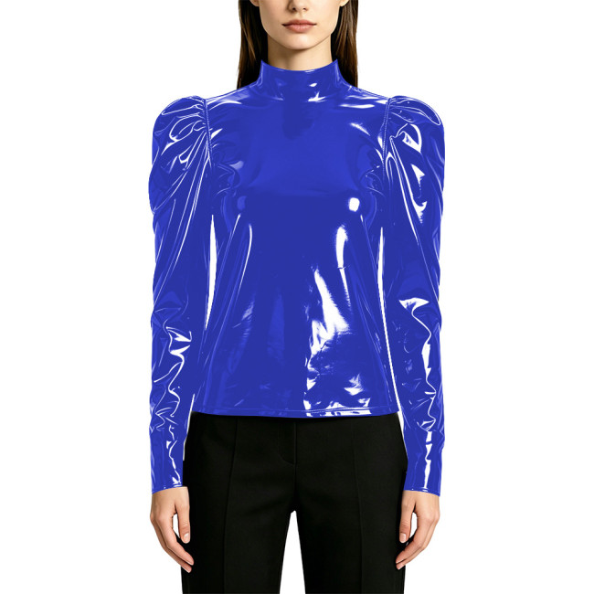 Women's Fashion Shiny PVC High Neck T-shirts Lockable Female Blouse Wet Look Faux Leather Puff Long Sleeve Tops Elegant Clubwear