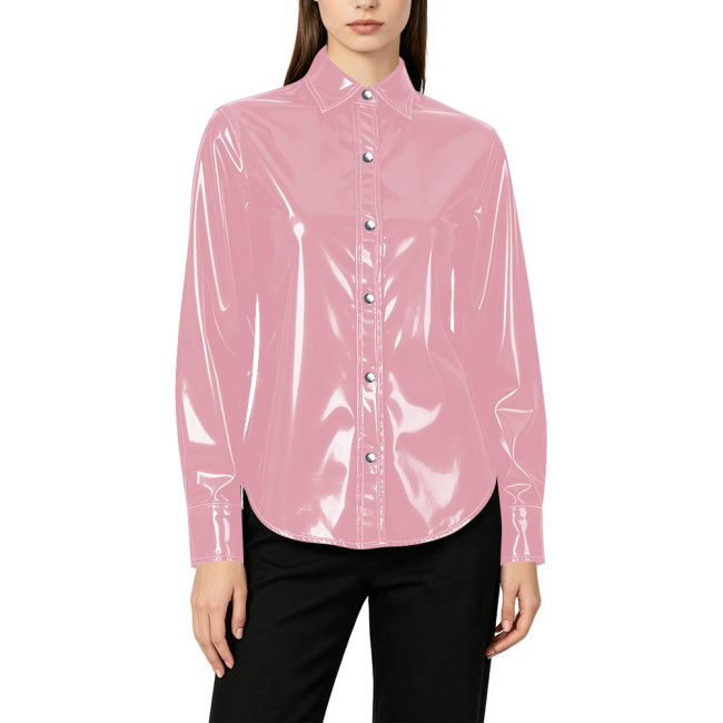 Plus Size Elegant Womens PVC Shiny Leather Shirts Office Ladies Casual Single-breasted Blouses Wetlook Club Formal Dress Tops