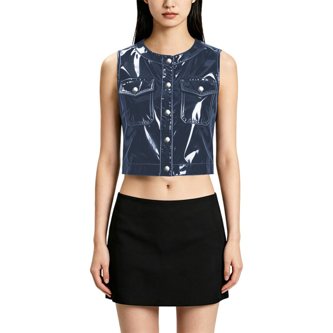 Punk Casual Round Neck Pocket PVC Shiny Vest Fashionable Glossy Sleeveless Cropped Jacket for Women Wetlook Short Waistcoat Tops