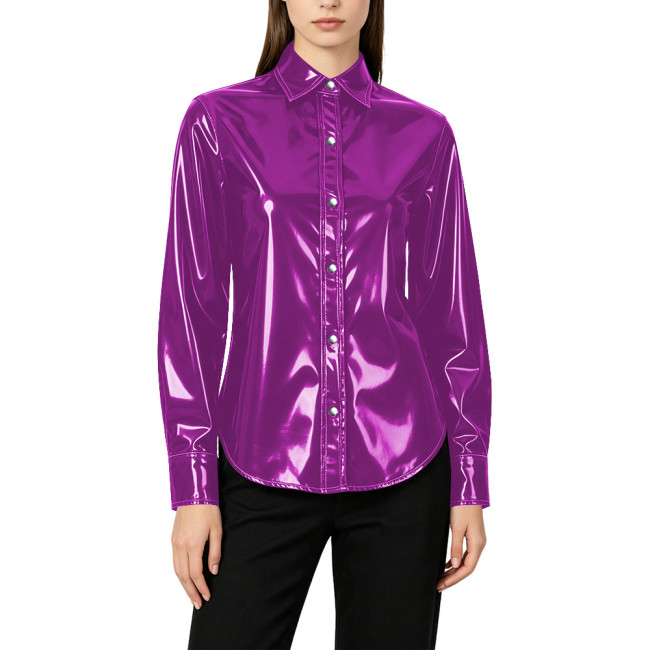 Plus Size Elegant Womens PVC Shiny Leather Shirts Office Ladies Casual Single-breasted Blouses Wetlook Club Formal Dress Tops