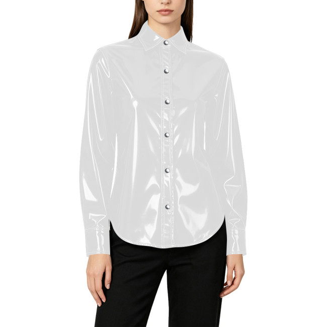 Plus Size Elegant Womens PVC Shiny Leather Shirts Office Ladies Casual Single-breasted Blouses Wetlook Club Formal Dress Tops