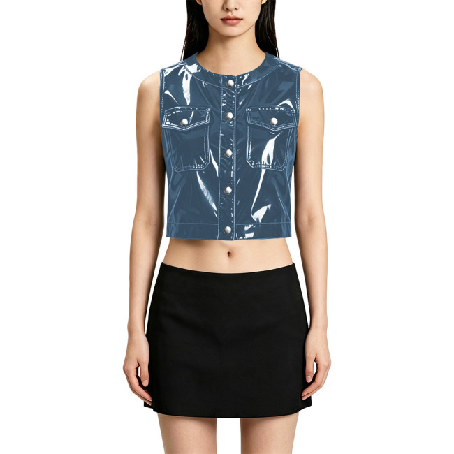 Punk Casual Round Neck Pocket PVC Shiny Vest Fashionable Glossy Sleeveless Cropped Jacket for Women Wetlook Short Waistcoat Tops