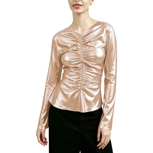 Fashion Metallic Shiny V-neck Pleated Long Sleeve T-shirt Women Slim Casual Solid Color Shirt Blouse Ladies Nightclub Folded Top