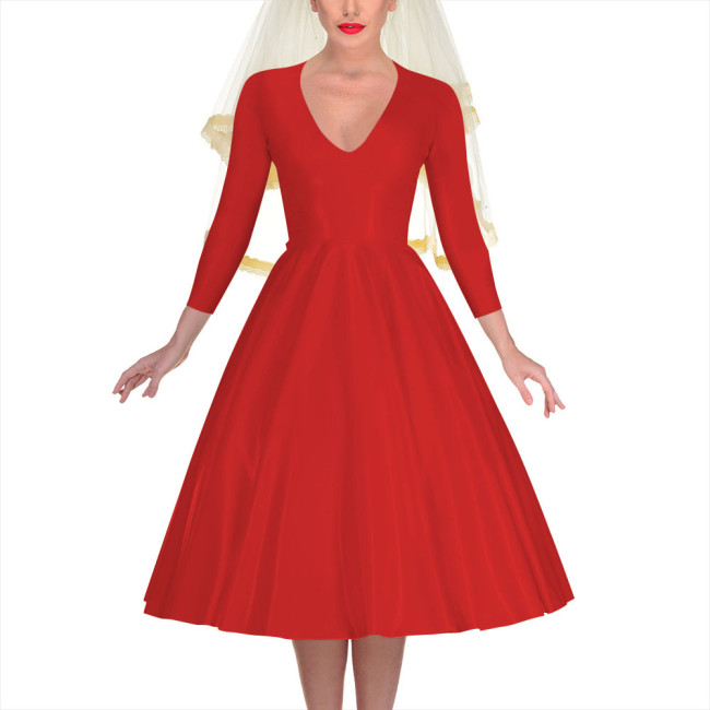 Shiny PVC Leather A-line Pleated Umbrella Midi Dress Elegant Women Banquet Venue Ball Gown V-neck Long Sleeve Back Zip Dress