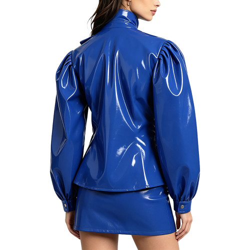 Street PVC Glossy Leather Double Breasted Jackets Women's Stand Collar Puff Long Sleeves Vinyl Coats Female Chic Solid Clubwear