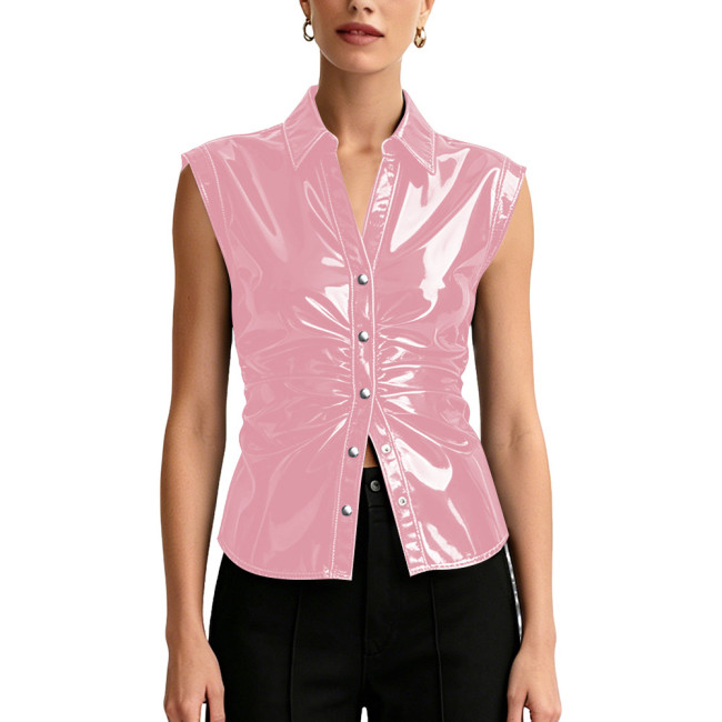 Women's Glossy Patent Leather Button Front Shirt with Ruched PVC Shiny Lapel Collar Sleeveless Female Blouse Stylish Tank Tops