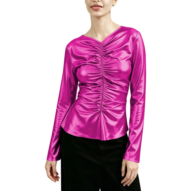 Fashion Metallic Shiny V-neck Pleated Long Sleeve T-shirt Women Slim Casual Solid Color Shirt Blouse Ladies Nightclub Folded Top
