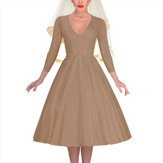 Shiny PVC Leather A-line Pleated Umbrella Midi Dress Elegant Women Banquet Venue Ball Gown V-neck Long Sleeve Back Zip Dress