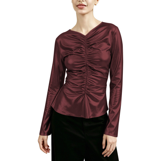 Fashion Metallic Shiny V-neck Pleated Long Sleeve T-shirt Women Slim Casual Solid Color Shirt Blouse Ladies Nightclub Folded Top