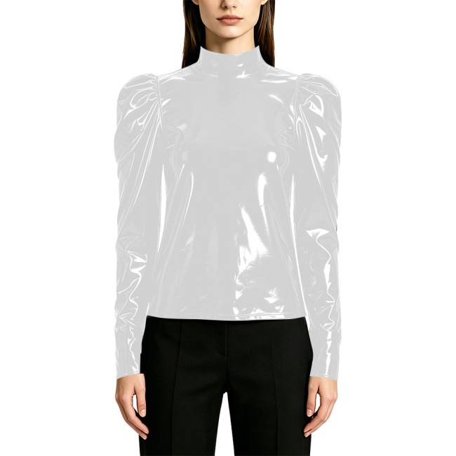 Women's Fashion Shiny PVC High Neck T-shirts Lockable Female Blouse Wet Look Faux Leather Puff Long Sleeve Tops Elegant Clubwear