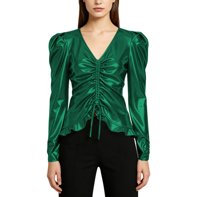 Shiny Metallic V-Neck Long Sleeve T-Shirt Womens Pure Color Drawstring Ruffle Hem Women's Top Raves Party Music Casual Costume